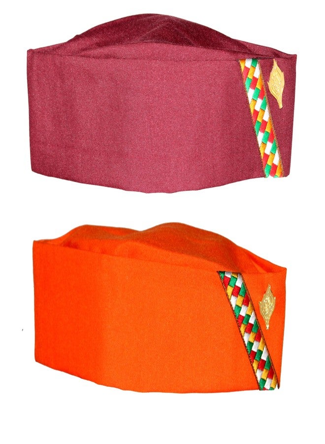 Yanwenx Cotton Uttarakhand Pahadi Topi, Brahmakamal Uttarakhand Cap, Himachali Cap (Set of 2),Orange|Maroon - Image 1